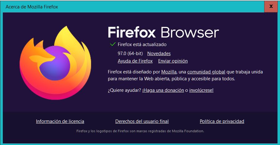 Mensaje Firefox está actualizado versión 97.0