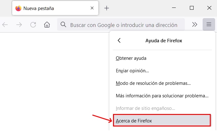 Opción acerca de Firefox